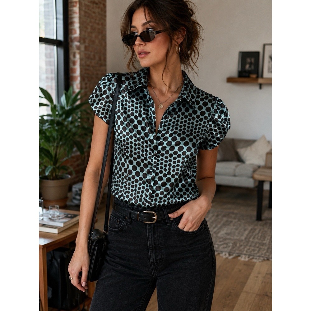 Y2k Blue Brown Polka Dot Satin Casual Medium Button-up Blouse Top Rock Siren
